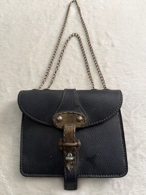 Antique Vintage Classic Black Leather Chain-Handle Shoulder Bag for Decor